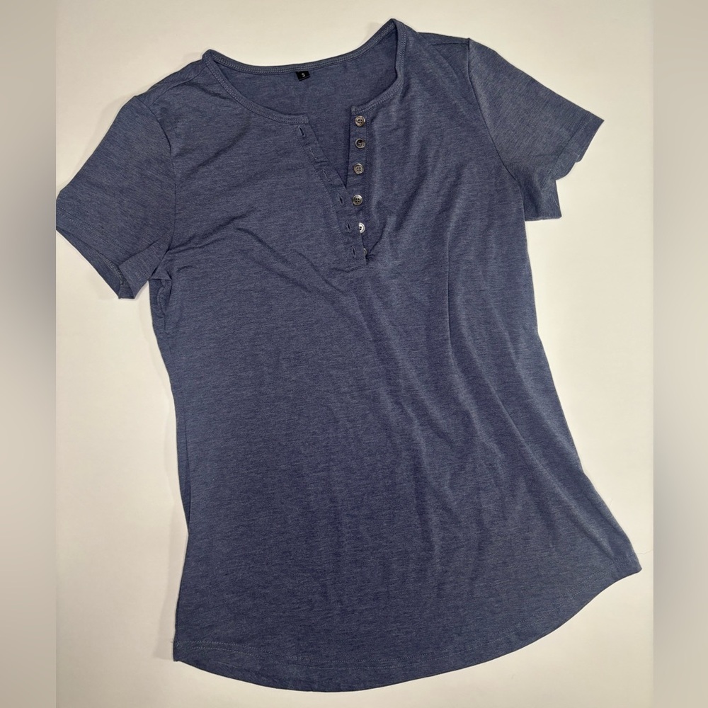 Women's Short Sleeve Blue Henley Top